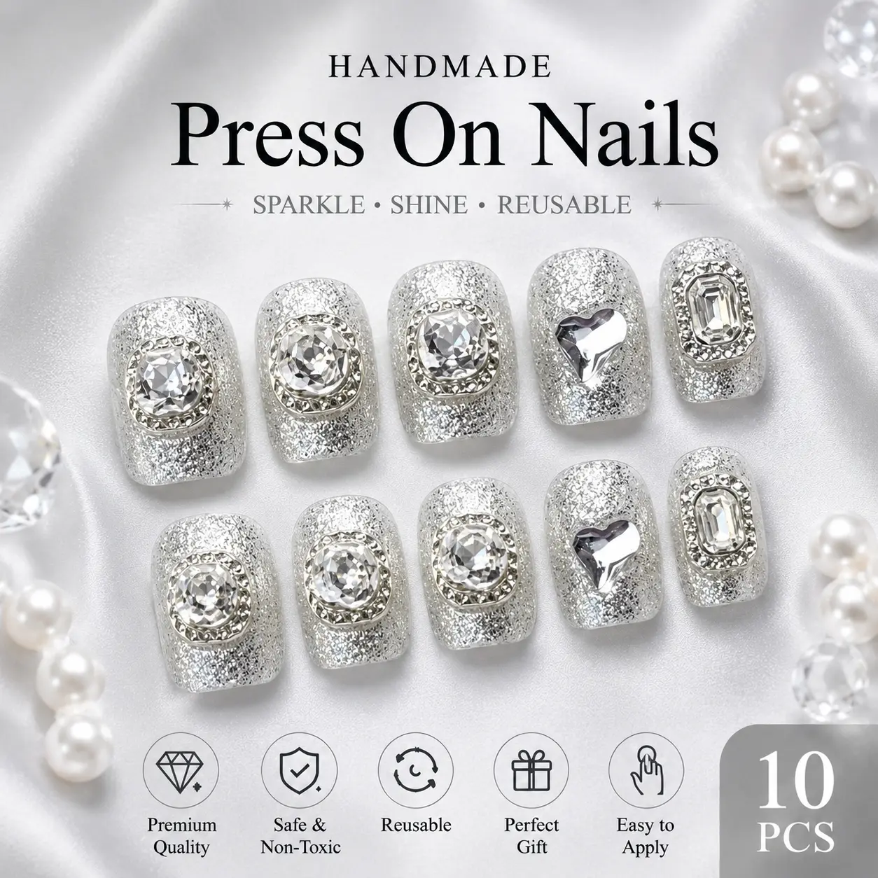 Silver Rhinestone Press On Nails, Short Square Fake Nails with Diamond Heart Gems, Sparkly Glossy Glue On Nails for Women Party Prom