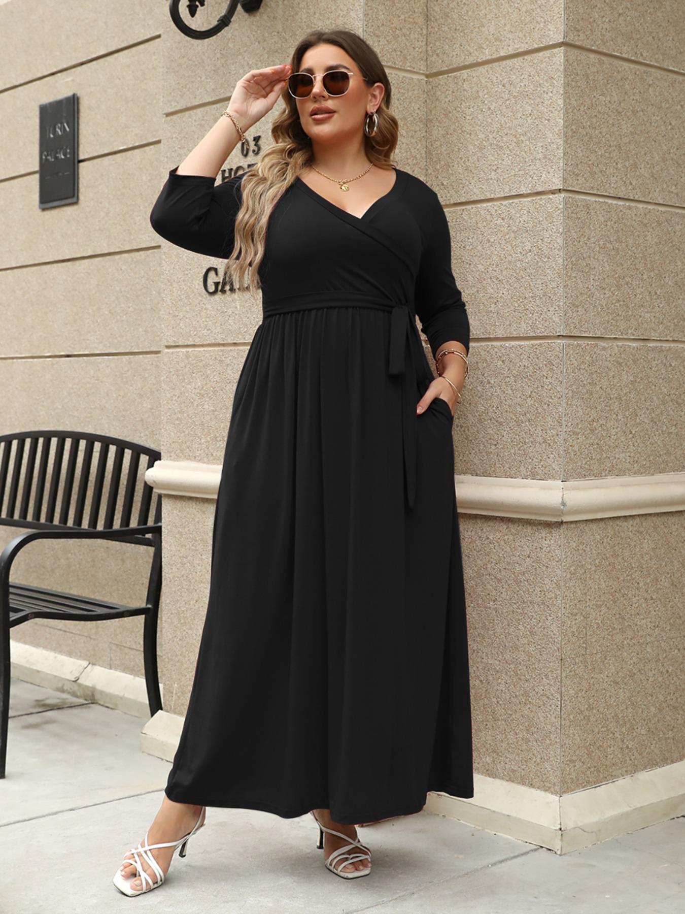 Women's V Neck Stretchy Casual Long Plus Size Dress, Perfect for Bridesmaids, Vintage Style Wedding & Party Wear, Comfortable All-Day Fabric