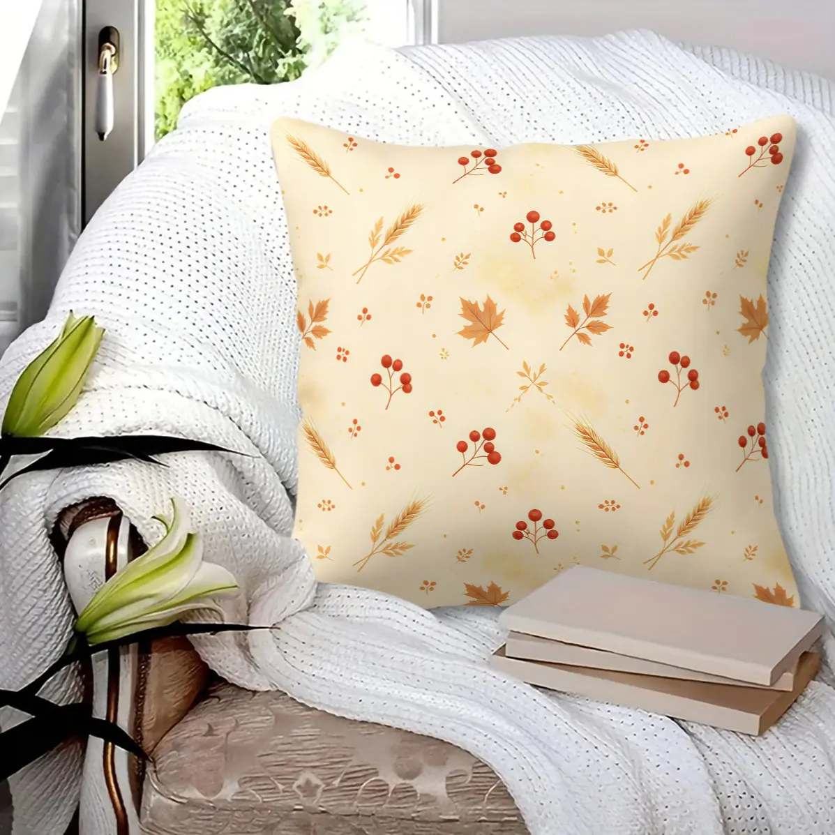 45x45cm 1Pc Grid Fruit Pumpkin Watercolor Throw Pillow, Washable, Trend Print, Full Plush Insert Ideal Thanksgiving Bestie Gift For Bedroom Decor (With Pillow Insert)