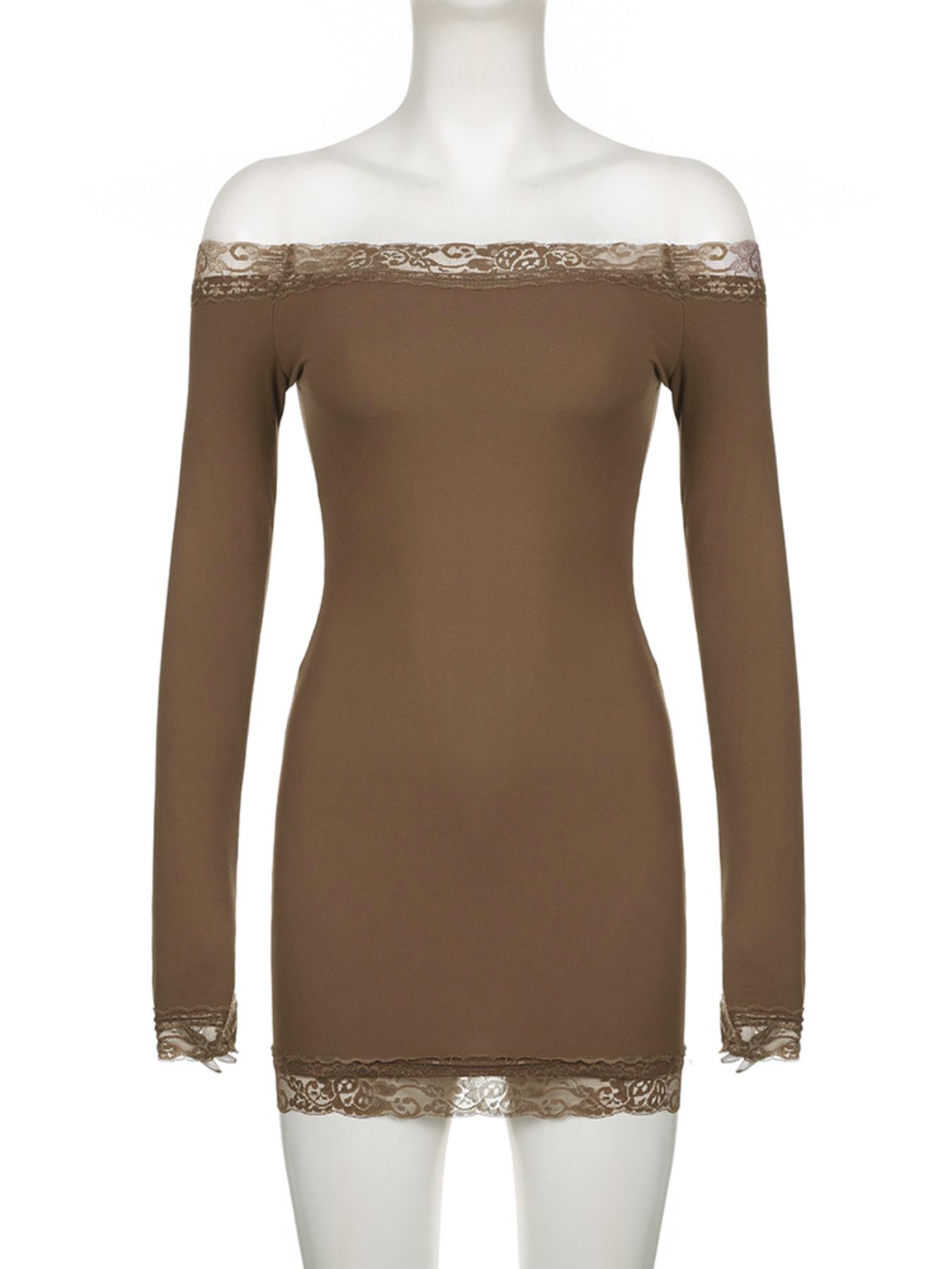 Women's Contrast Lace Off Shoulder Bodycon Party Dress, Elegant Long Sleeve Mini Dress for Parties, Clubs and Dating, Ladies Spring & Fall Clothes, Valentine's Day Gift for Her