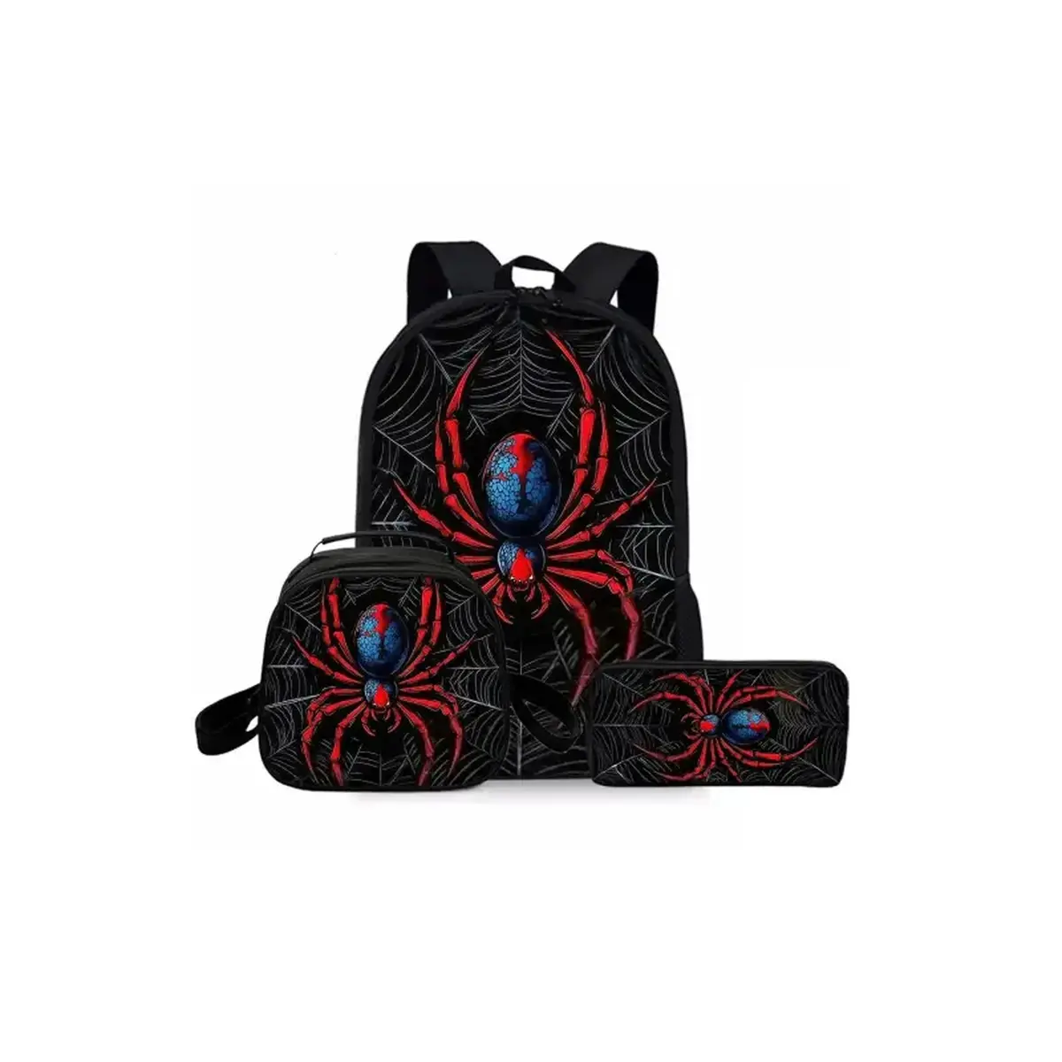 Back to school,17-in Polyester Spider Pattern Printed Combo 3-Piece Set - Casual Everyday Use Gym Travel Backpack, Round Lunch Bag with Shoulder Strap, Pencil Case, Three Pieces