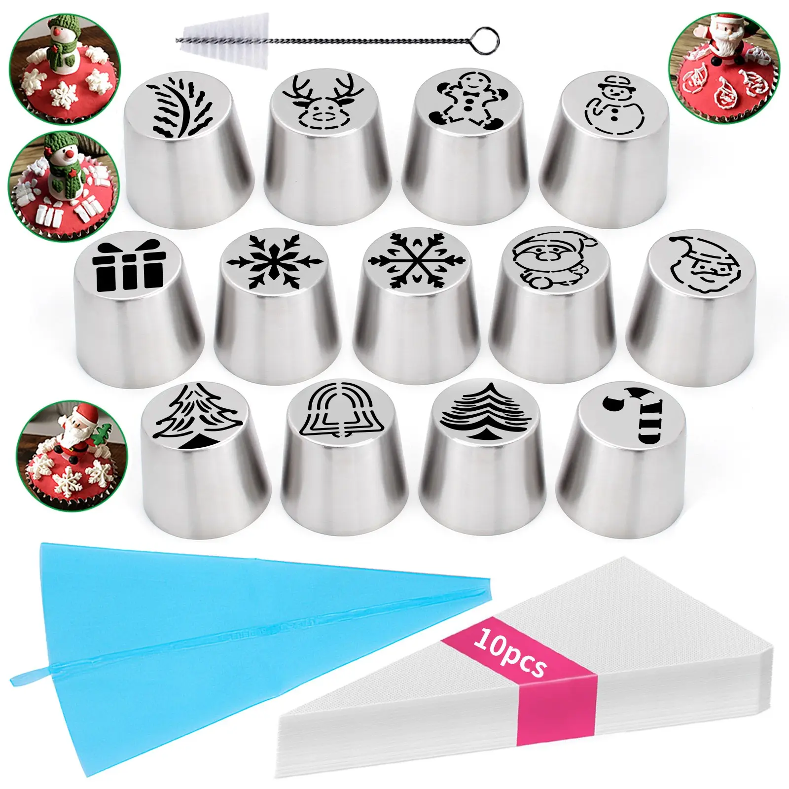 25pcs Christmas Russian icing Piping Tips Set, Cake Decorating Kit with 13 extra large nozzles,10 Pastry Bags,Silicone Piping Bag,1 Cleaning Brush, Perfect for Cupcakes, Cakes, Holiday Baking Gifts