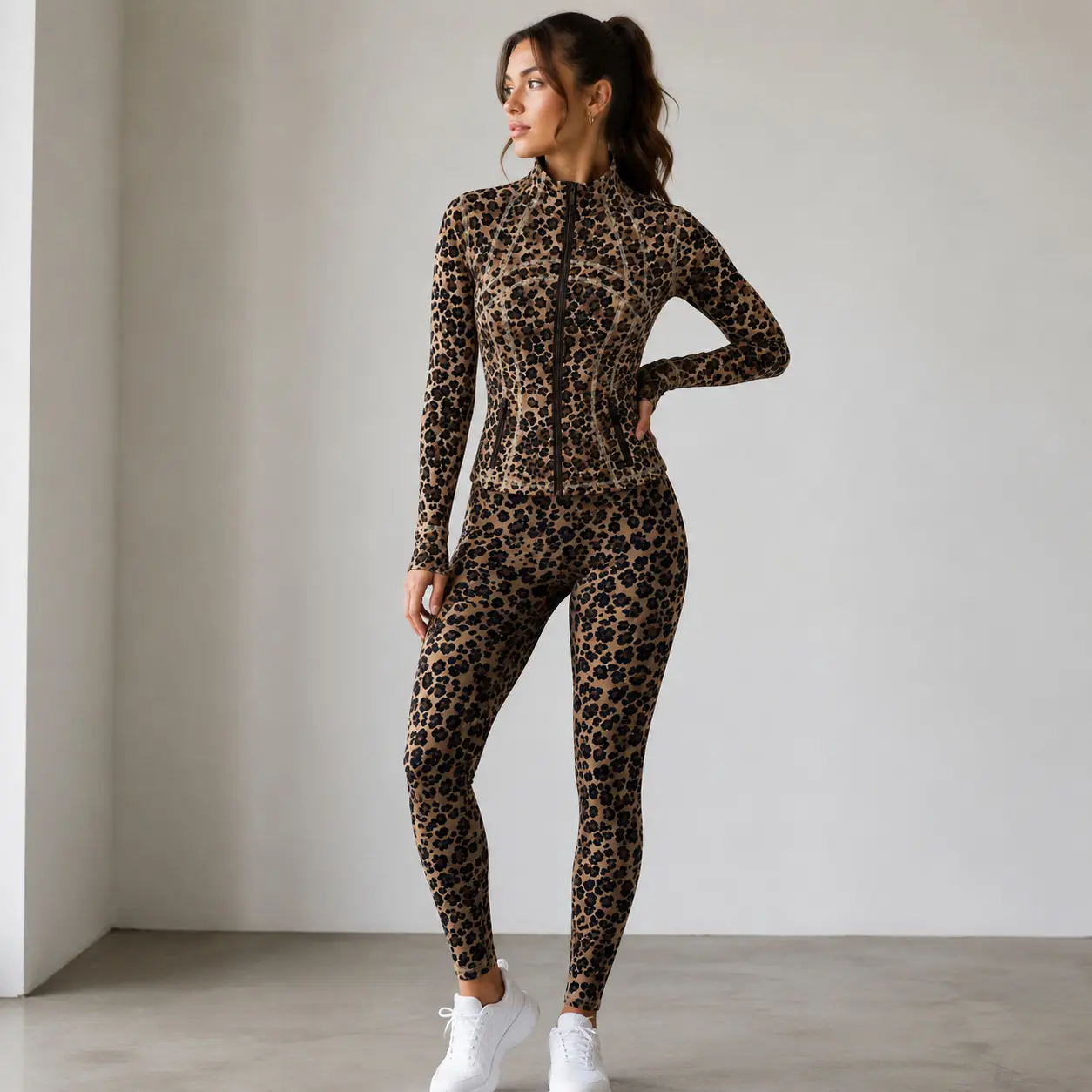 Women’s 2 Piece Leopard Print Workout Set, Full Zip Long Sleeve Jacket & High Waisted Leggings, Stretchy Yoga Gym Activewear