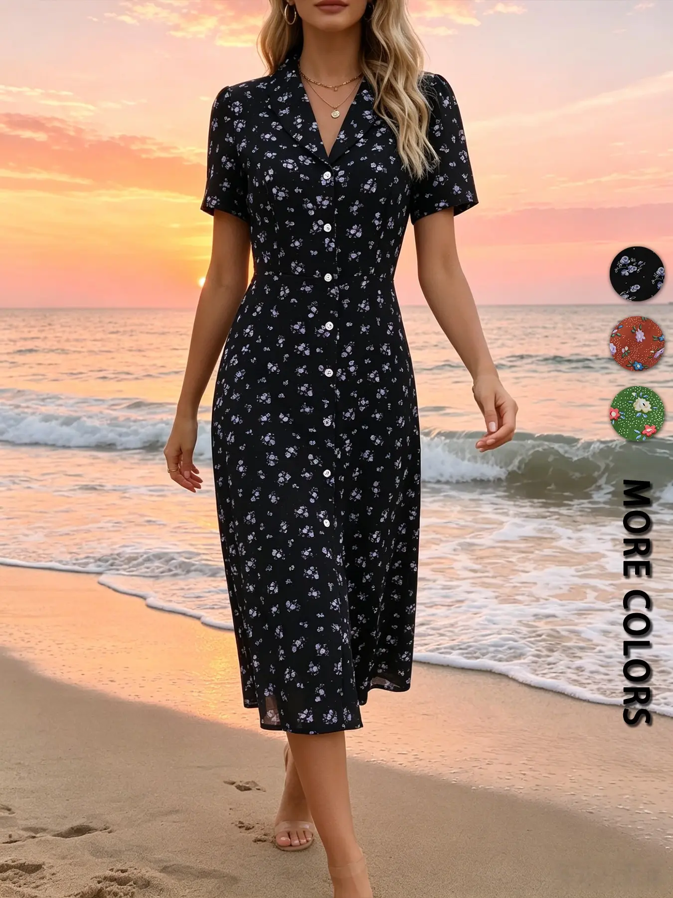 Spring Summer Beach Vacation Women's Casual Everyday Elegant Aesthetic Floral Midi Shirt Dress, Button Front Waist Cinch Short Sleeve, Korean Style Soft Flower Dress