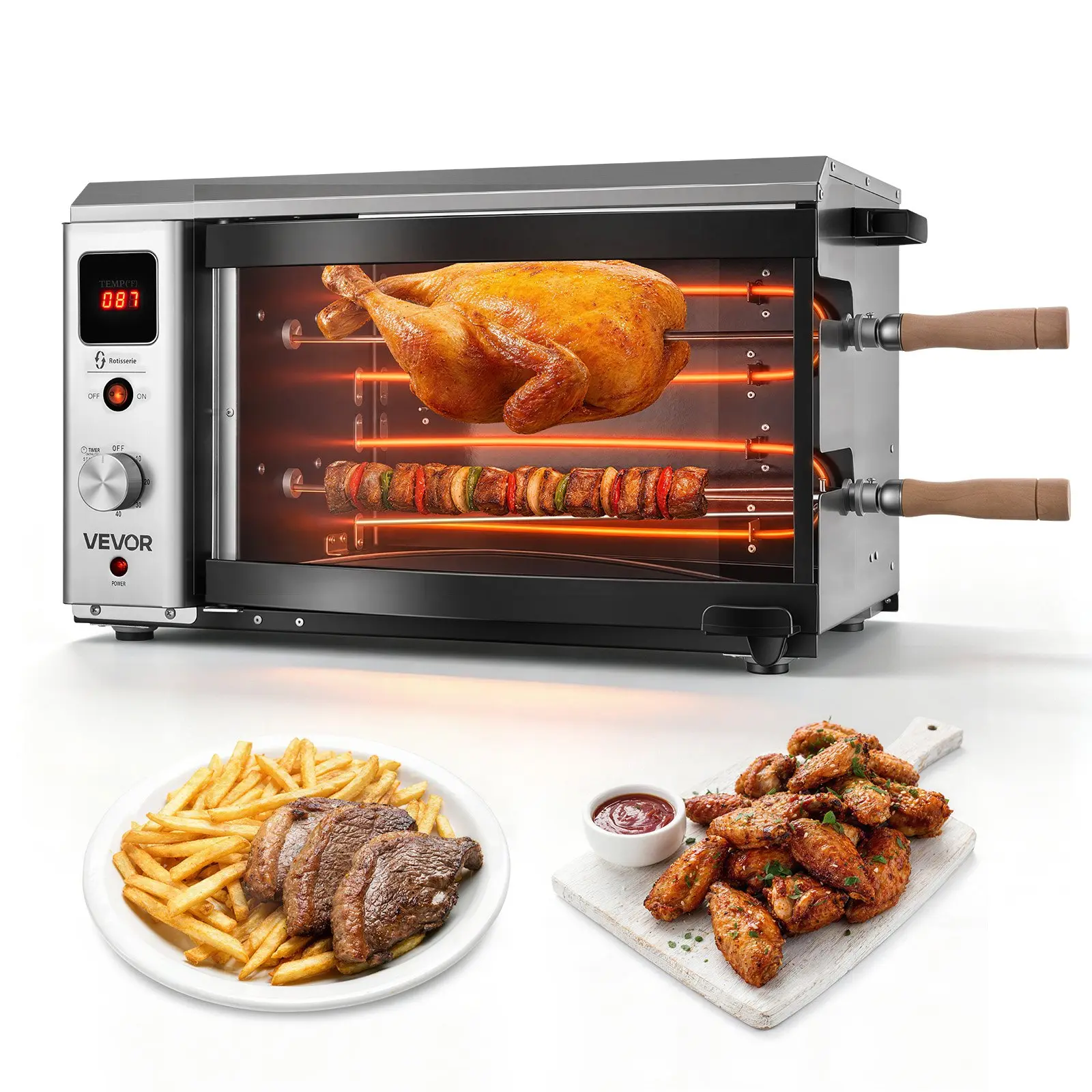 VEVOR Countertop Vertical Oven Brazilian Flame 2 Auto Rotating Skewers, for Steak, Fish, Lamb Leg, 1800W Rotisserie Shawarma Machine, Electric Meat Kebab Grill, with Curved Glass Door, Drip Tray