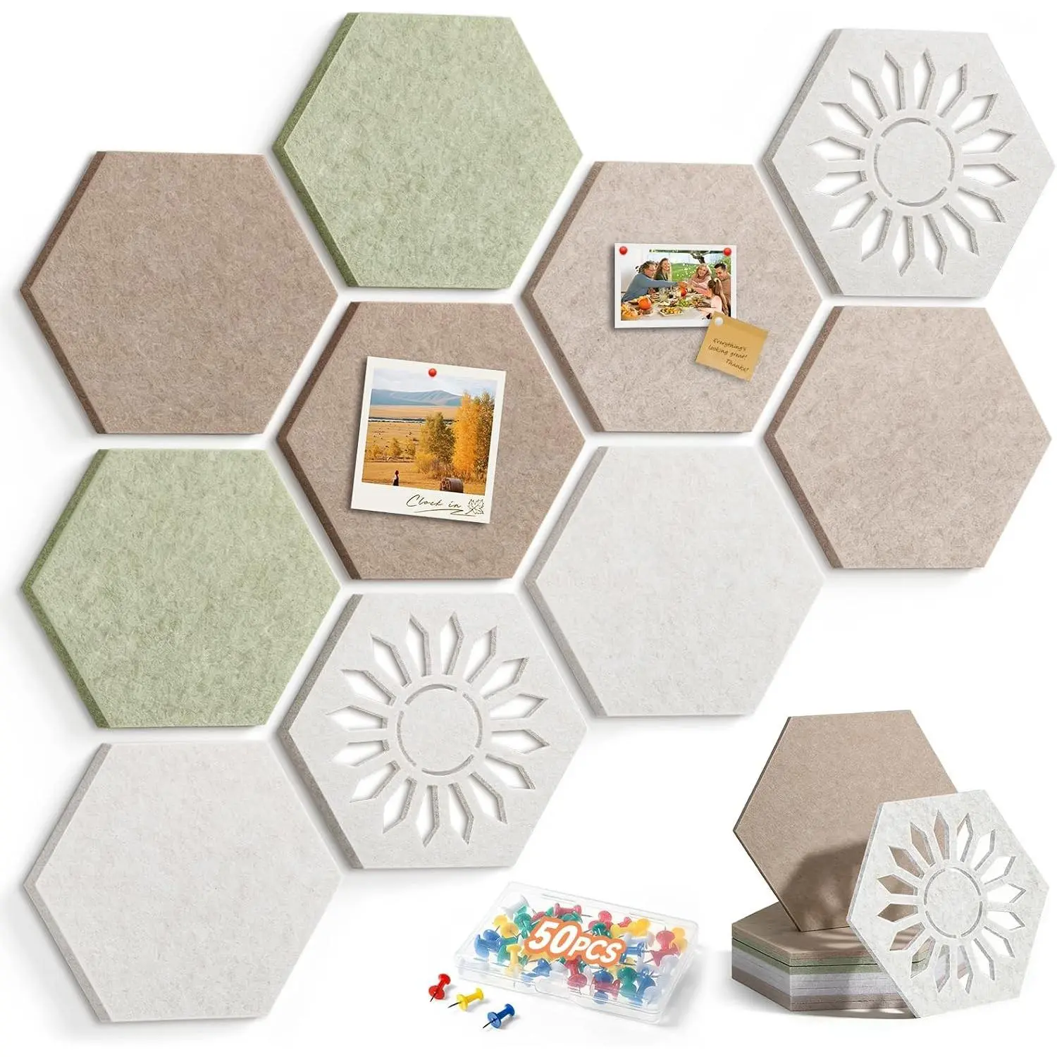 10 Pack Hexagon Felt Bulletin Board Tiles, 9mm Thick Pin Board with Unique Hollowed Wave Patterns, Traceless Nano Adhesive Backing, Decorative Wall Tiles with 50 Pins for Home & Office