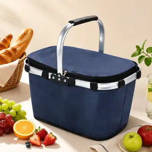 30L Insulated Picnic Basket with Handle, Foldable Cooler Bag with Zippered Lid for Camping, Beach, Grocery Shopping and Travel, Navy Blue,Bulk