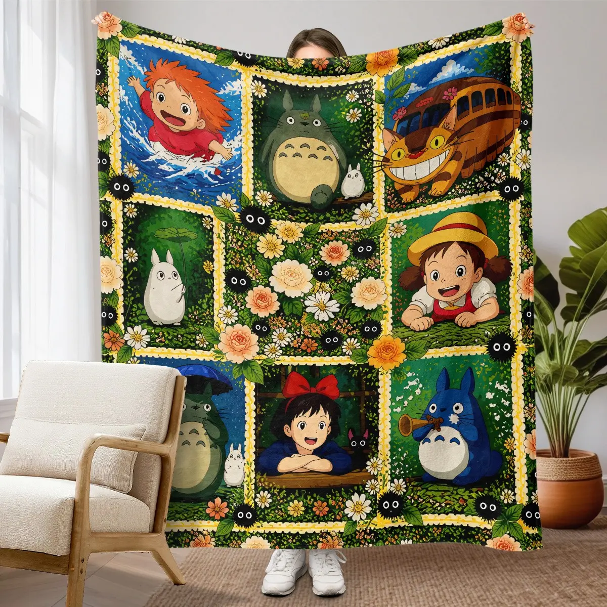 1pc Hayao Miyazaki Anime Collage Fleece Blanket, Totoro, Ponyo, Kiki, Cat Bus 9-grid Illustration, Floral Soot Sprite Border Print, Healing Japanese Hand Drawn Style. Soft Warm Multi-use Throw for Sofa, Bed, Office, Camping, Perfect Anime Fan Gift.