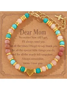 Popular Wooden Grain Pink Crystal Bracelet for Women with Triple Protection Adjustable Beaded Heart Shaped Millet Beads Stretchy Wristband Fashion Jewelry Gift