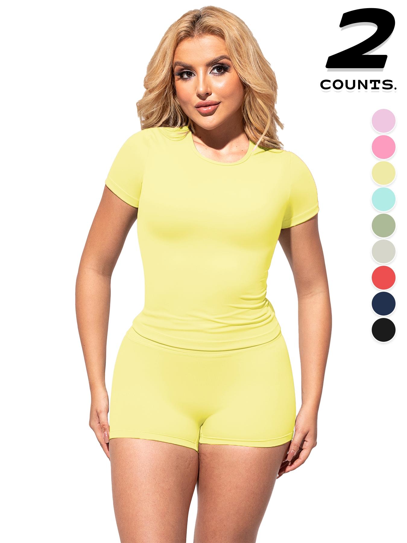 2PCSWomen's Solid Color Short Sleeve Tee & Shorts Set, Breathable Workout Running Clothes Gym Yoga Running, Comfortable Sportswear for Women