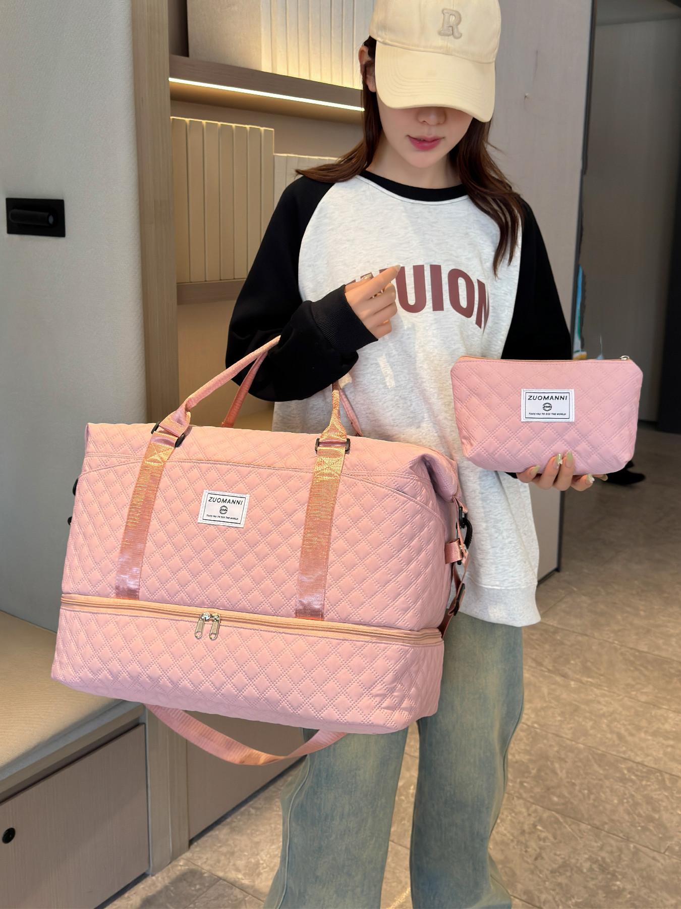 Large Capacity Travel Bag Set, Letter Pattern Zipper Travel Bag with Shoe Compartment, Casual Sports Fitness Bag for Women & Men, Weekender Travel Set