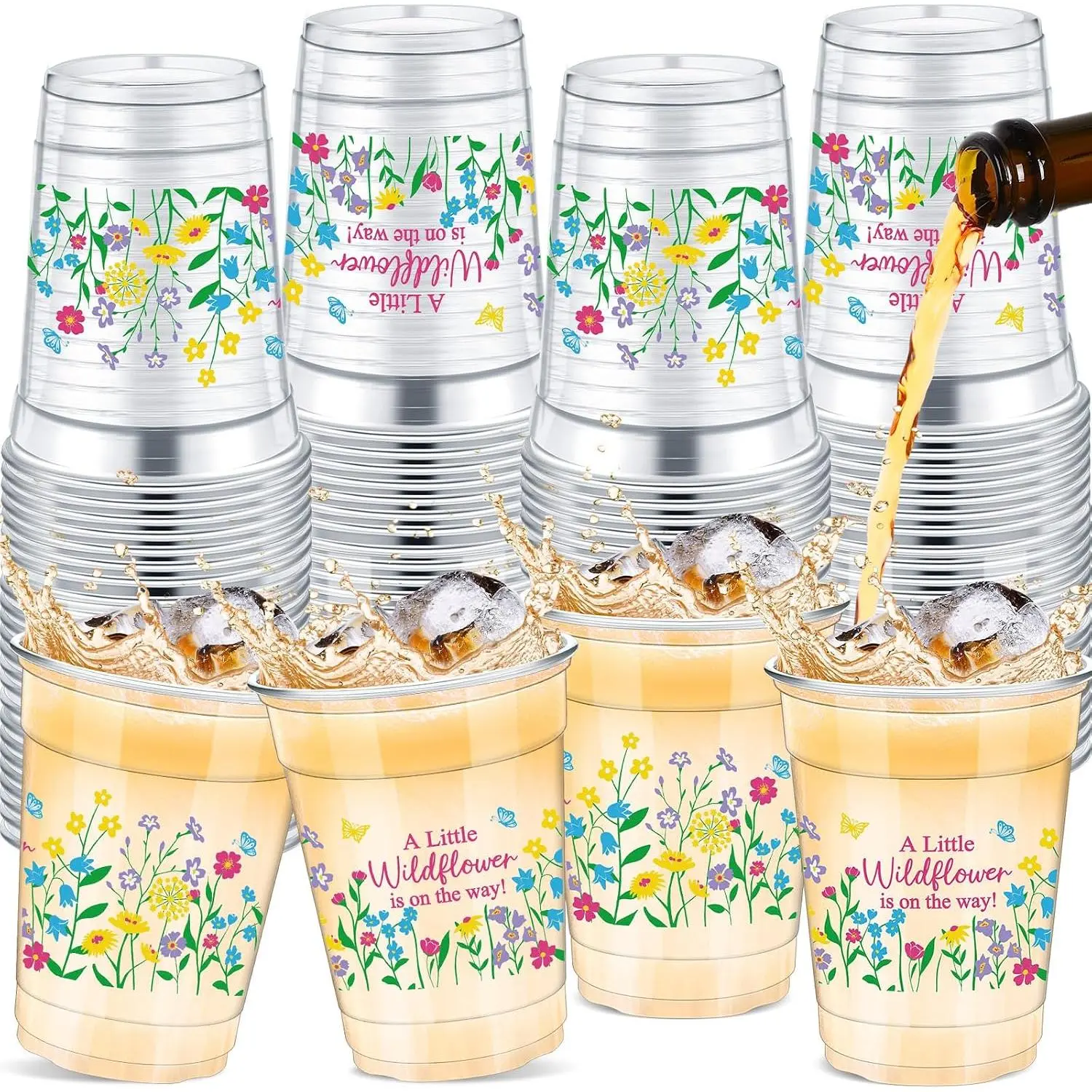 50 Pcs 12oz Wildflower Baby Shower Party Plastic Cups |   A Little Wildflower is On The Way Floral Disposable Clear Cups Baby Shower Vintage Spring Gender Reveal Supplies Decorations