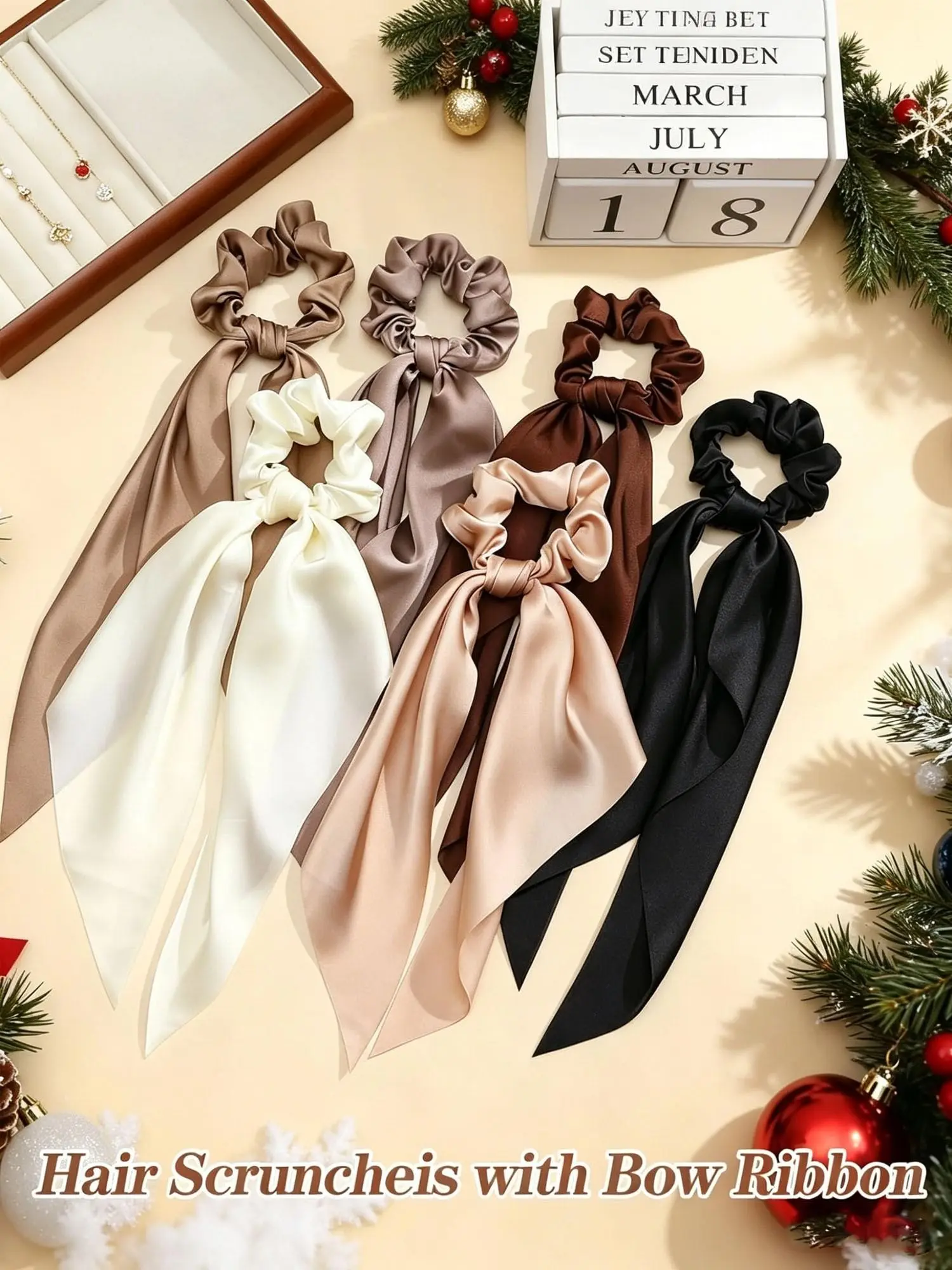Neutral Tone Bow Silk Hair Scrunchies 6pcs, Satin Elastic Hair Ties with Long Ribbon, Non-Slip Hair Scrunchies for Women, Elegant Hair Accessories
