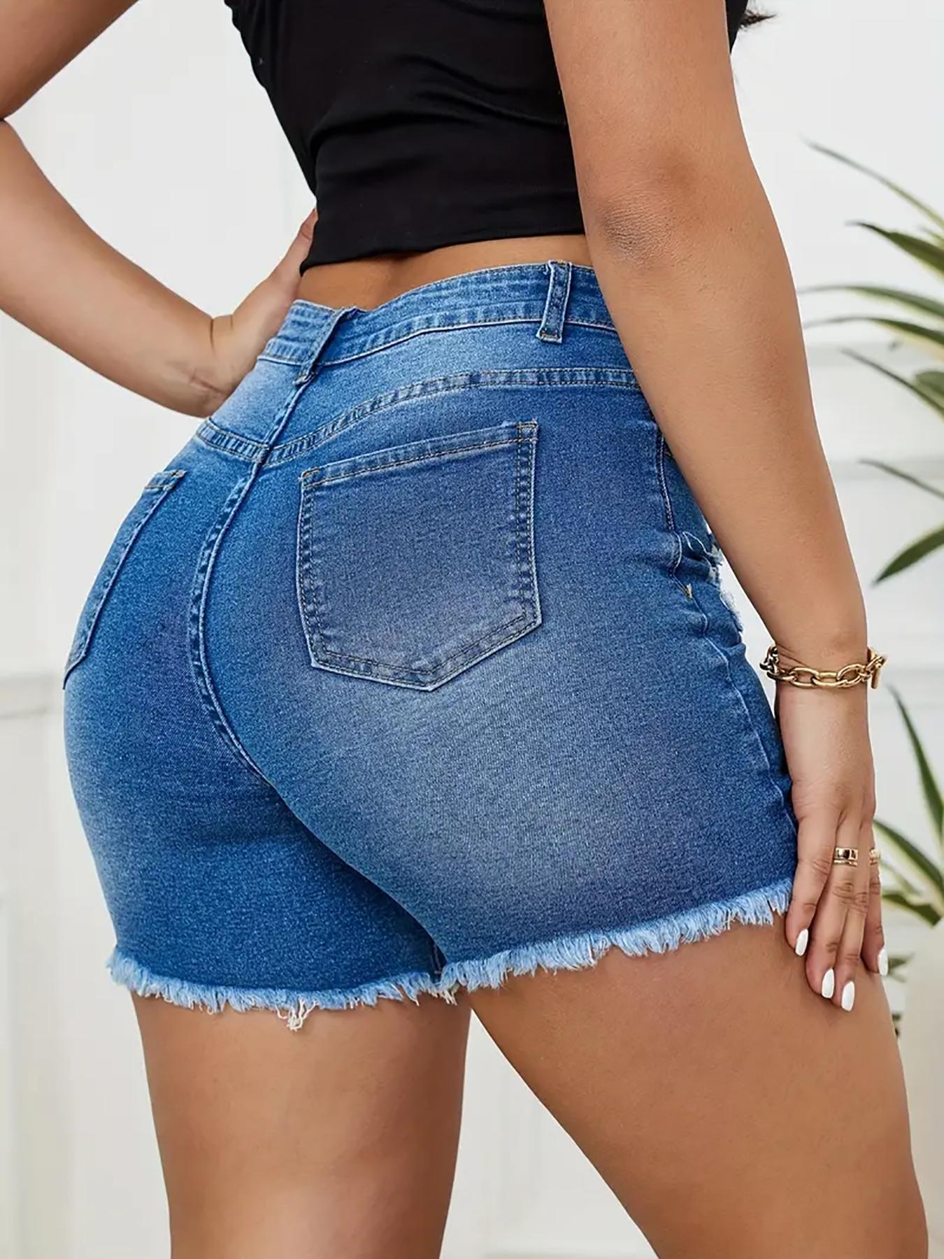 Women's Ripped Raw Hem High Waist Distressed Denim Shorts, Casual Pocket Button Fly Skinny Jean Shorts for Summer, Fashion Bottoms for Daily Wear