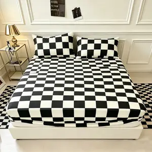 3-Piece Classic Modern Minimalist Black & White Checkered Geometric Fitted Sheet Set, 1 Fitted Sheet + 2 Pillowcases, Cover Only, Soft Fabric, Decor for Men's Bedroom, Ideal Gift