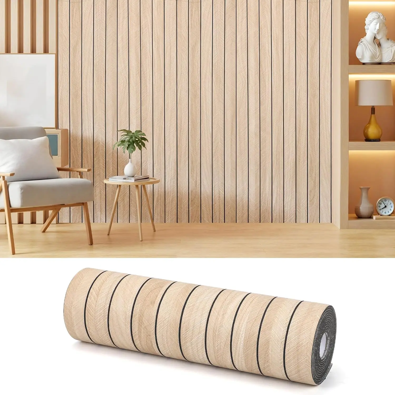 Synthetic Indoor Rectangular Thick Peel-and-Stick Slat Wall Panel Roll, Self-Adhesive Grain Wallpaper Sticker, Soundproof Home Wall & Ceiling Covering (118"x15.75"), Modern