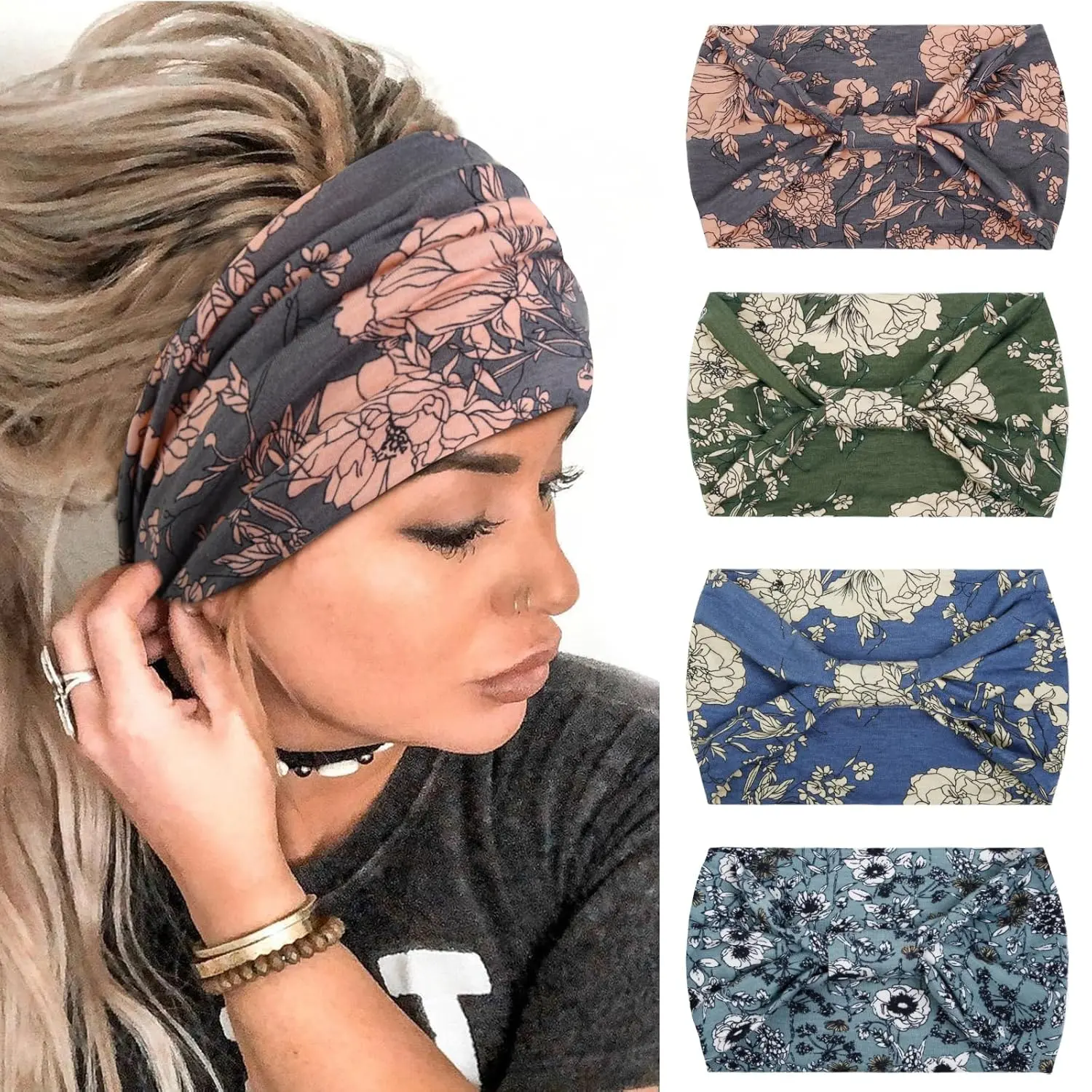 4 Pack Wide Knotted Headbands for Women, Boho Floral & African Print Turban, Non-Slip for Yoga and Sports, Thick, Wide Fit, Wide Headbands