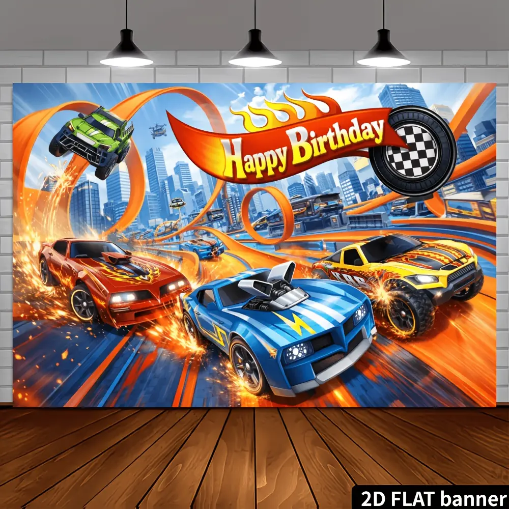 2D planar birthday party banner background. Speed racing theme, featuring multiple modified racing cars, an orange circular track, elements of urban architectural complexes, along with the Happy Birthday slogan and flame tire decorations.