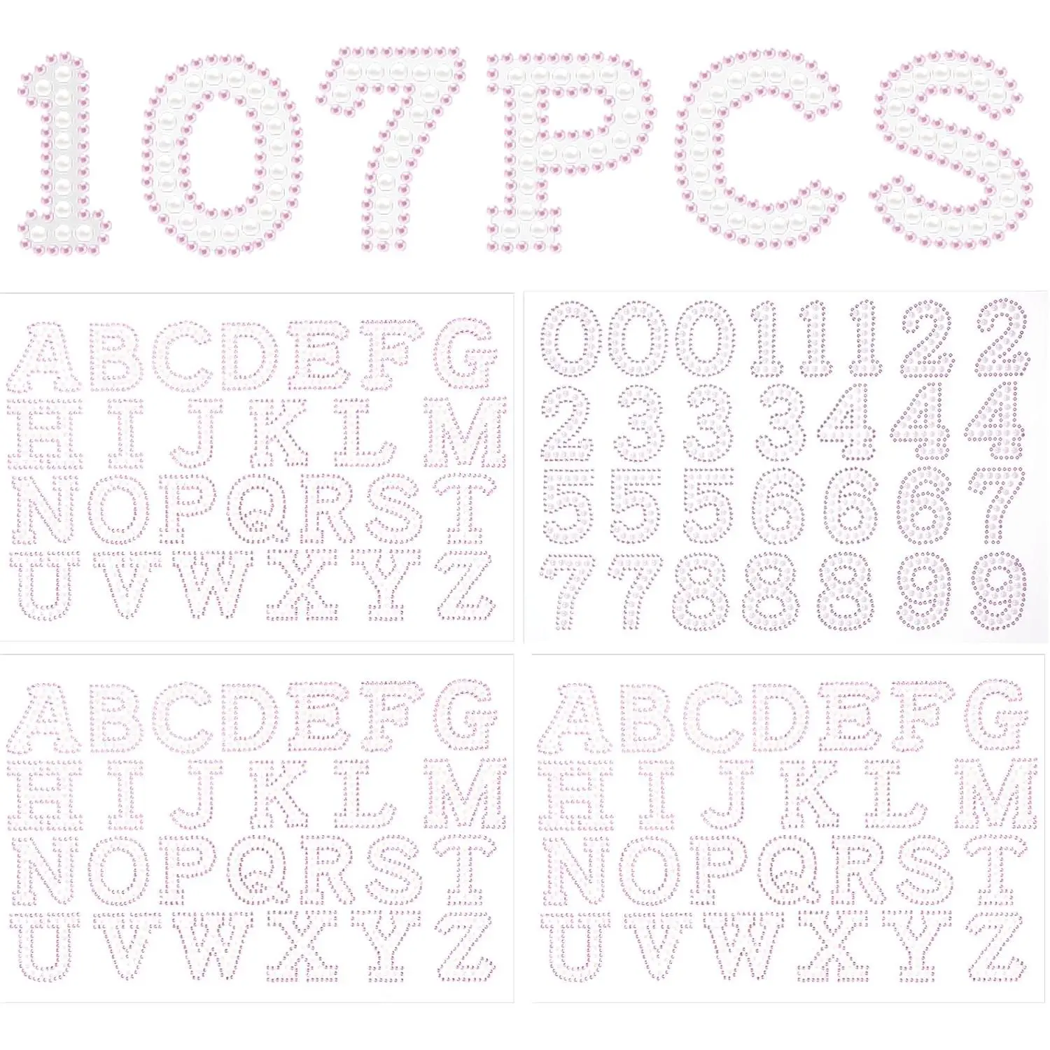 107 Pcs Pearl Letter Stickers,3 Sheets A-Z Glitter Rhinestone Letter and 1 Sheet 0-9 Pearl Number Stickers,Self Adhesive Sticky Letters for DIY Crafts Scrapbooking (White+Pink)