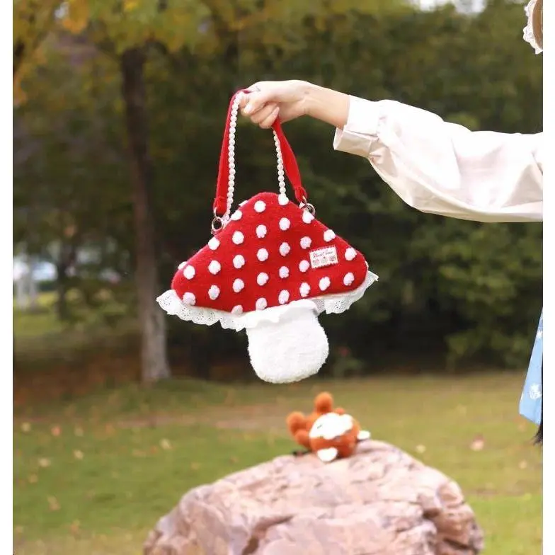 Sweet Cute Red Mushroom Handbag Women Cartoon Shearling Lace Shoulder Bag Ladies Lolita Pearl Chain Polka Dot Mini Crossbody Bag