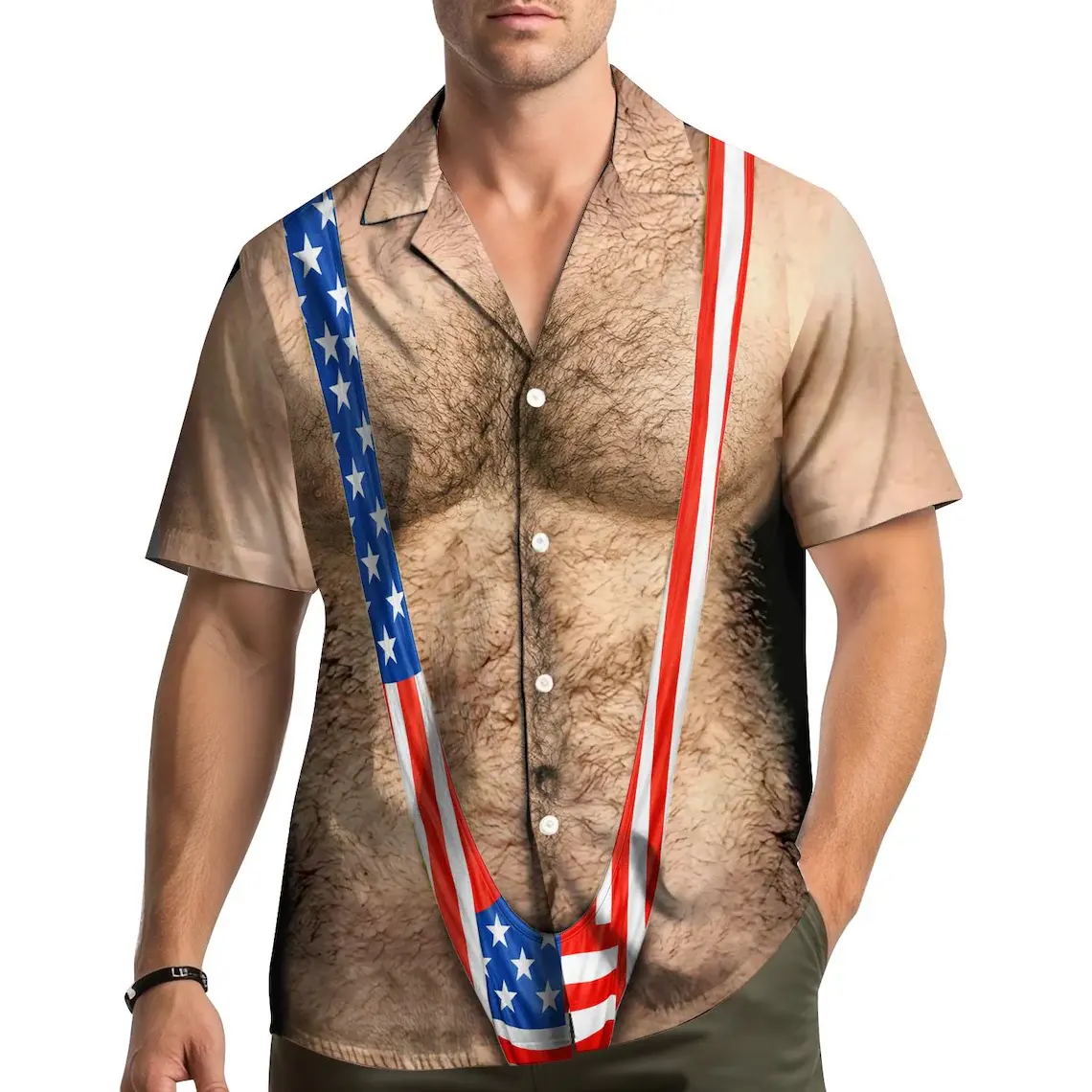 Funny Patriotic Hawaiian Shirt for Men, American Flag Chest Hair Illusion Aloha Shirt, 4th of July Button Down Shirt, Funny Gag Gif for him