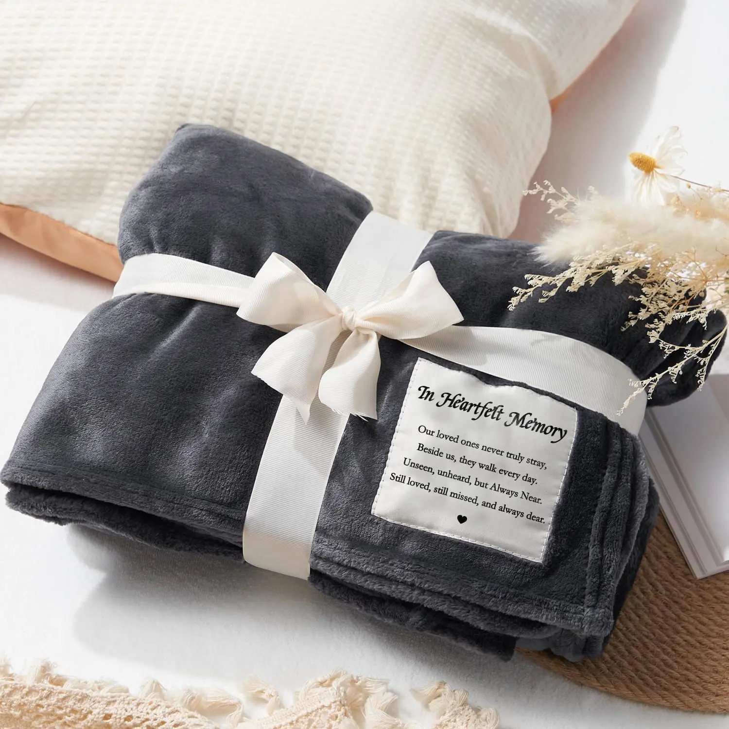 Memorial Sympathy Gifts Blanket - In Heartfelt Memory, Condolence Gifts for Loss of Loved , Bereavement Gifts, Comfort  Fleece Throw for Women, Grief  Funeral (50” x 60” Dark Gray)