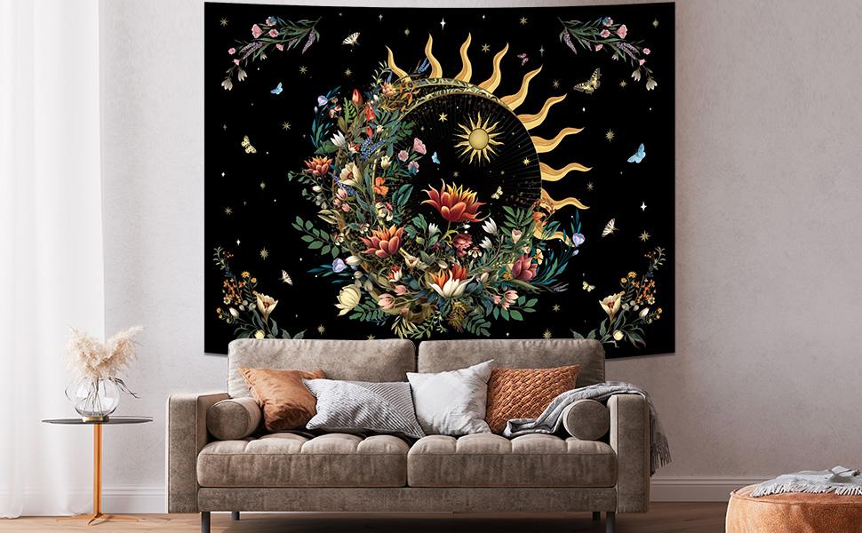 Floral Plants Tapestry Sun and Moon Tapestry Retro Botanical Flowers Butterfly Tapestry Black Starry Sky Wall Tapestry Vintage Boho Aesthetic Tapestry Wall Hanging for Bedroom