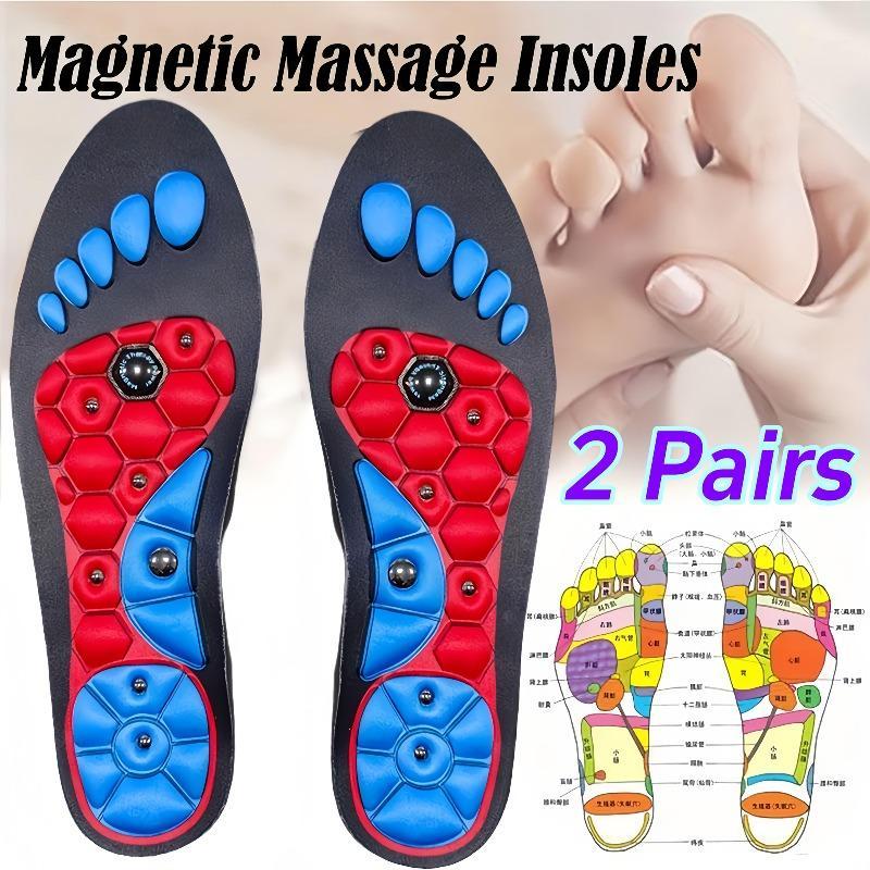 2 Pairs EVA Massage Insoles with Magnetic Acupressure Points - Shock-Absorbing, Breathable Sports Inserts for Arch Support, Red & Blue Hexagonal Pattern, Ideal Gift for Men & Women