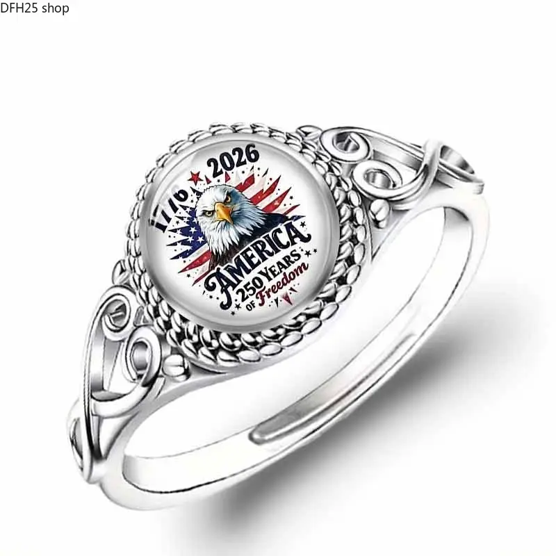 America 250th Anniversary Eagle Statement Ring, Adjustable Silver Tone Patriotic Bald Eagle Band, USA 1776–2026 Commemorative Freedom Jewelry for Women & Men, Everyday Wear Gift