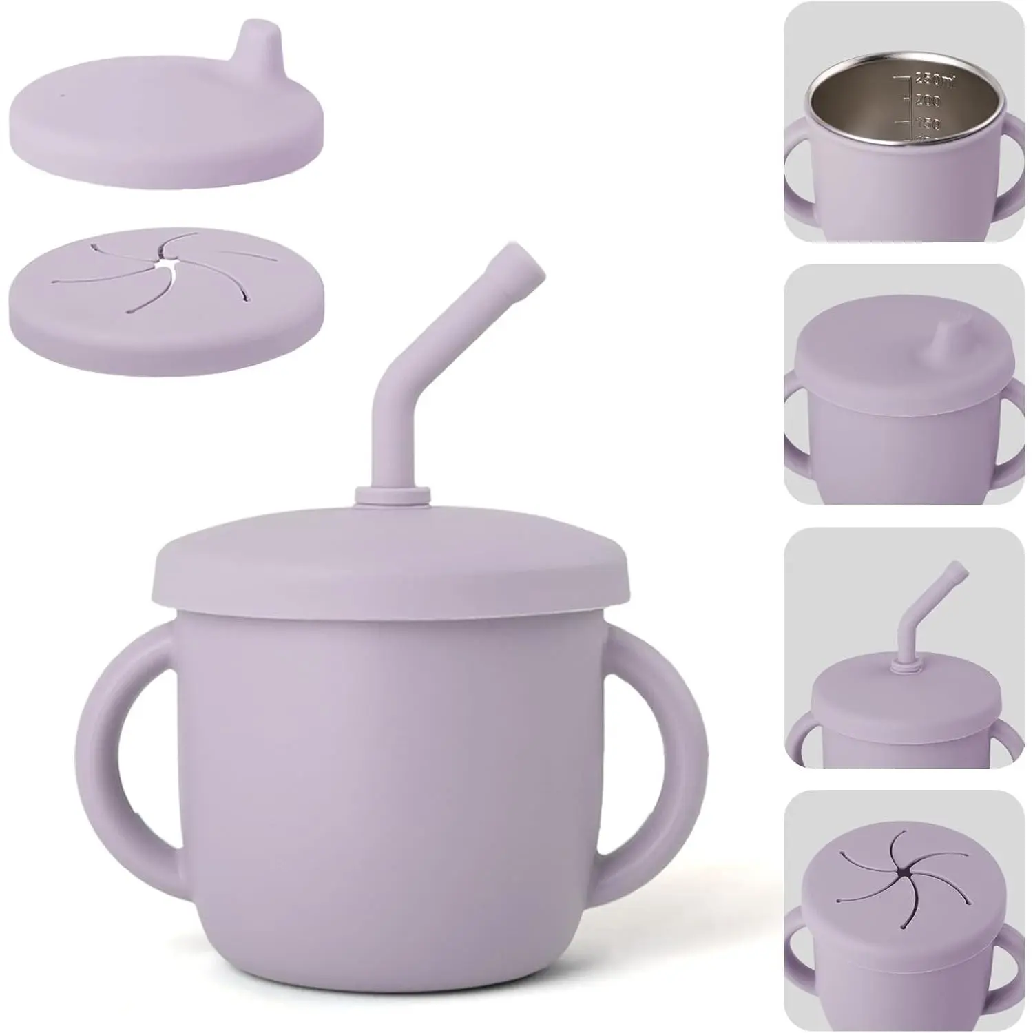 4-in-1 Stainless Steel Silicone Sippy Cup, 8.5oz Toddler Open Cup with Straw, Sippy & Snack Lids, For Baby Led Weaning, Toddlers 1-3 Years Trainning Kids Drinking, Dishwasher Safe, Lilac New model dinnerware utensil