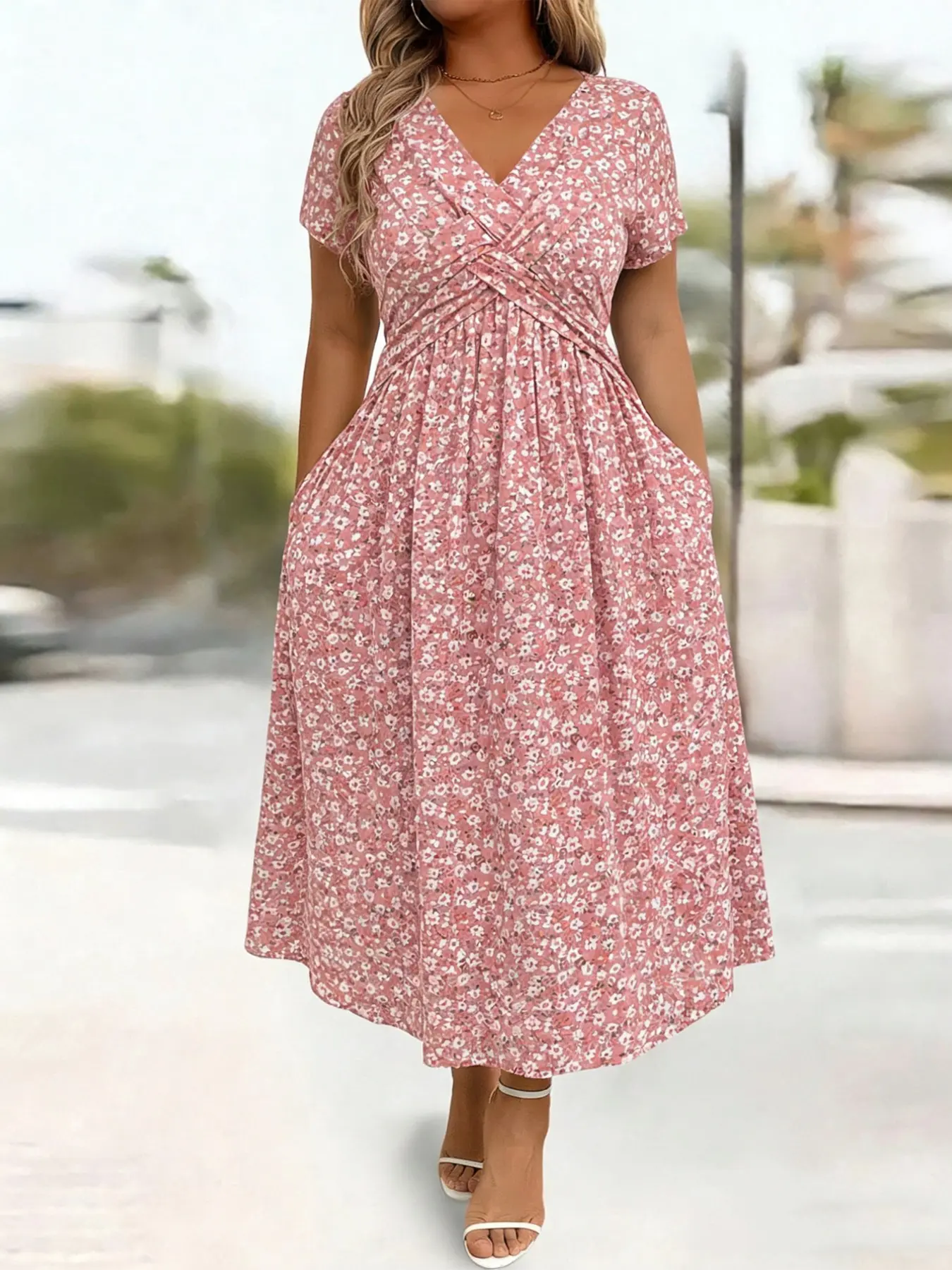 Elegant Floral Print V-Neck Dress with Knot Detail and Pockets, Plus Size Women's Fashionable Summer Dress, Comfortable and Stylish, Casual Wear