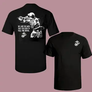 Men's U.S. Marine Corps Menswear T-Shirt & Hoodie - Bold Soldier with Rifle Graphic, 2-Sided "Kill the Devil" Quote, Soft Cotton Blend, Round Neck, Short-Sleeve, Tactical Military Pride Unisex Fit Casual T-Shirts, Streetwear Top t0512
