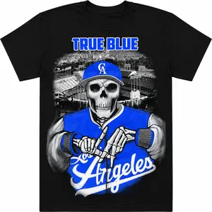 "True Blue" Dodgers Skeleton T-Shirt  Viral LA Fan Meme Print  Premium 100% Cotton Black Tee