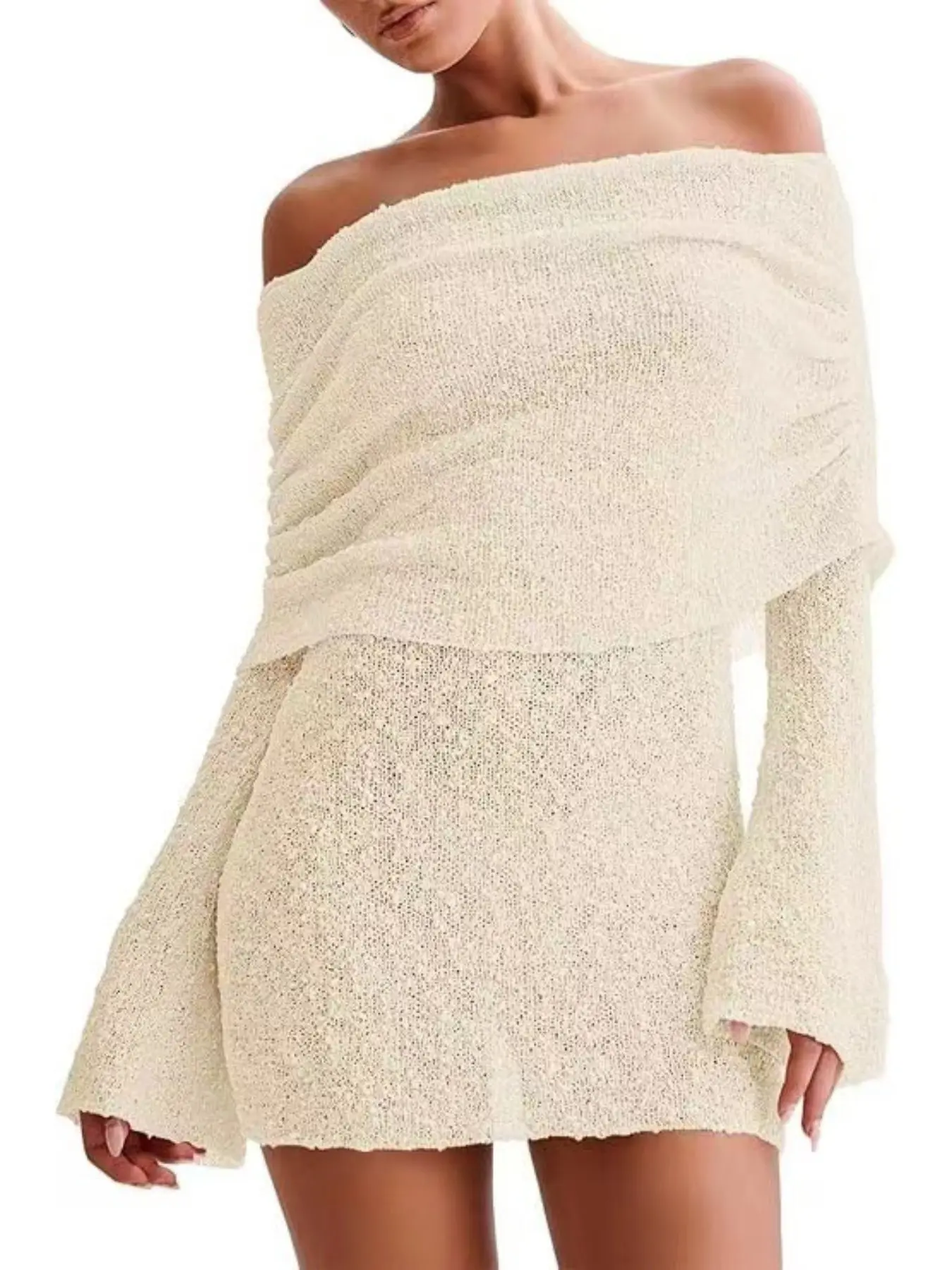 Women Soft Fuzzy Knit Mini Dress Pastel Pink Off-The-Shoulder Fold Over Neck Flared Long Sleeve Side Ruched Bodycon Formal Evening Short Dress Elegant Date Night Cocktail Club Dresses