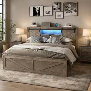 ARCH Furniture King Size Rustic Farmhouse Bed Frame (Combo Item) - MDF Grey, LED Light, USB Port, 2 Storage Drawers, Sliding Barn Door Cabinet Headboard, No Box Spring Needed, 77.00" w x 88.20" d x 42.50" h, Assembly Required, for Modern Bedroom