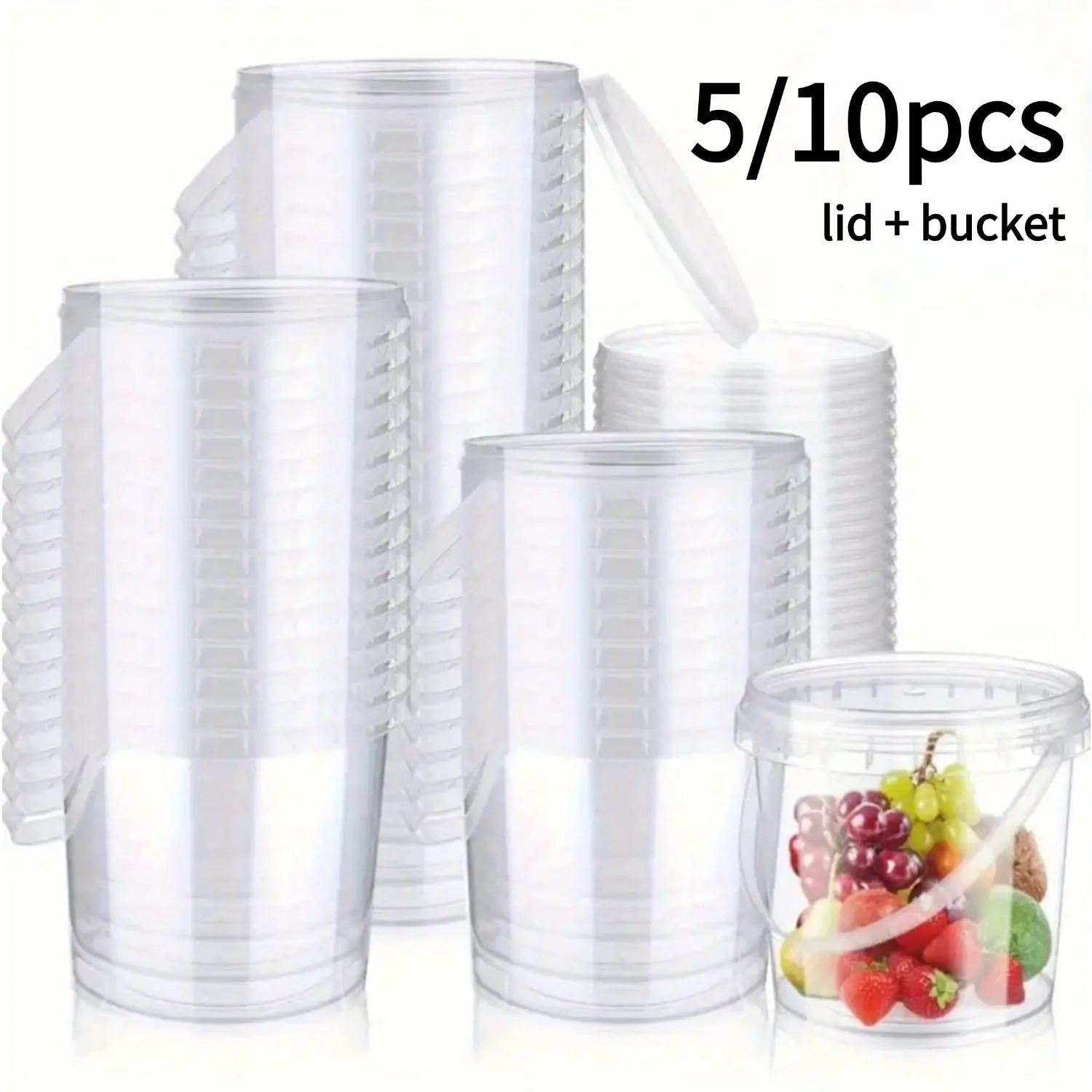 5/10pcs Transparent Food Grade Plastic Buckets with Handles, Heat Resistant, Ideal for Sauces, Pickles, Fish Bait, Durable Storage Solution