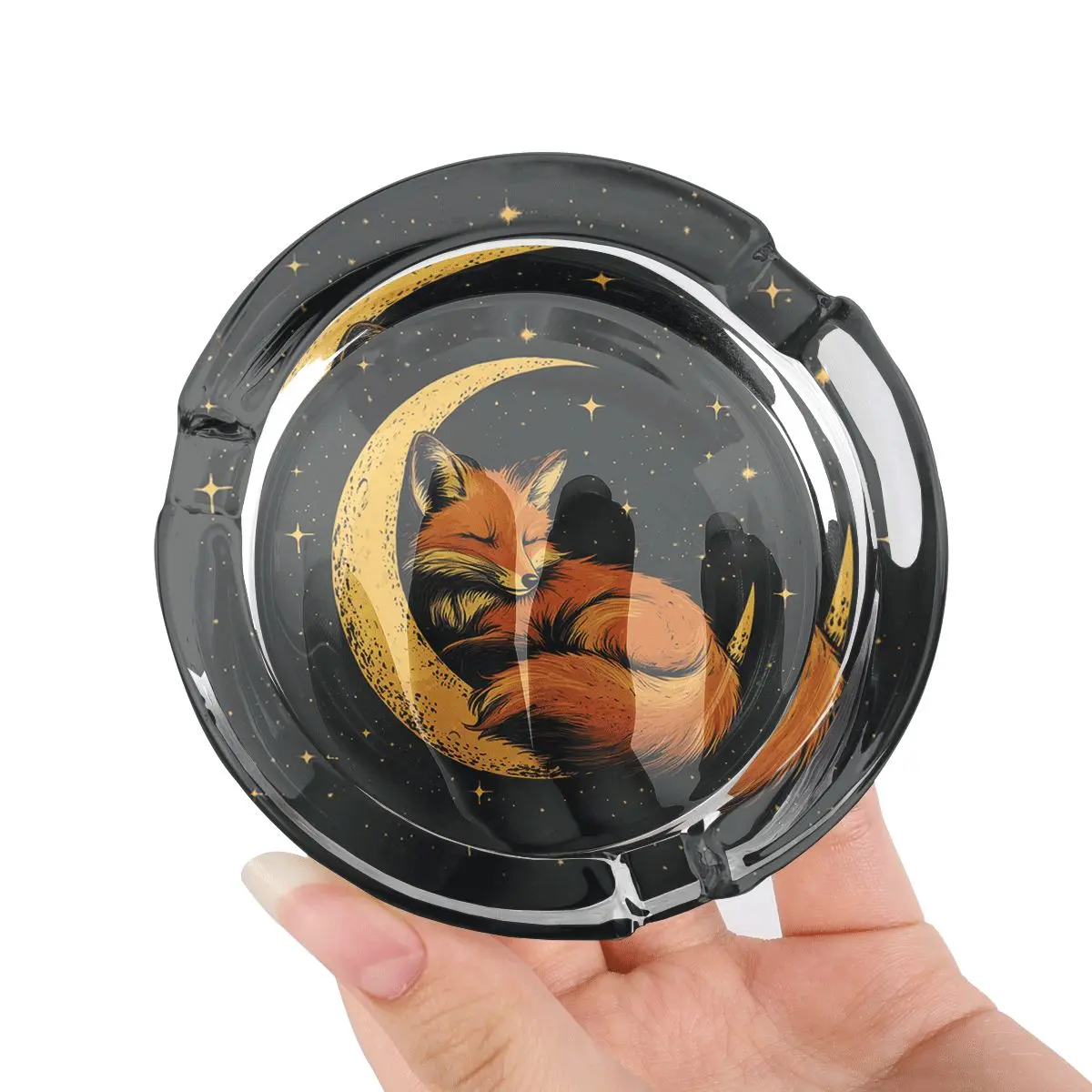 1 round glass ashtray with anti slip bottom pad, decorated with a dreamy fox on the crescent star pattern, ideal for homes, offices, and terraces - a fashionable choice for nature and art enthusiasts