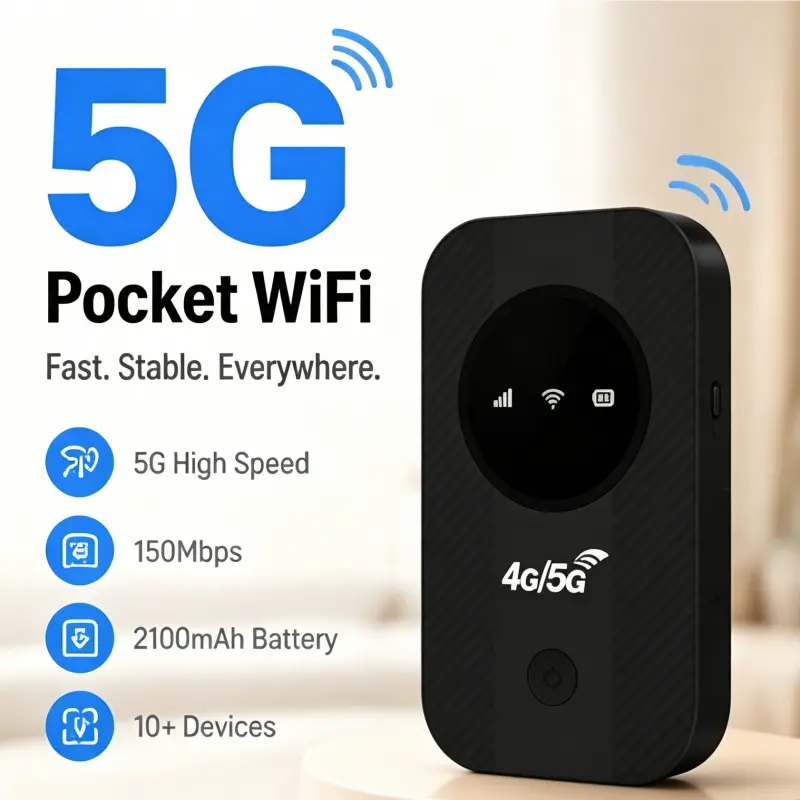 Portable, Wireless 4G Mobile WiFi Hotspot 4G LTE Pocket Router for EU travelers ultra low lag high speed mobile internet supports simultaneous 10 device connection built in rechargeable battery ideal camping fishing RV hiking remote work cloud gaming