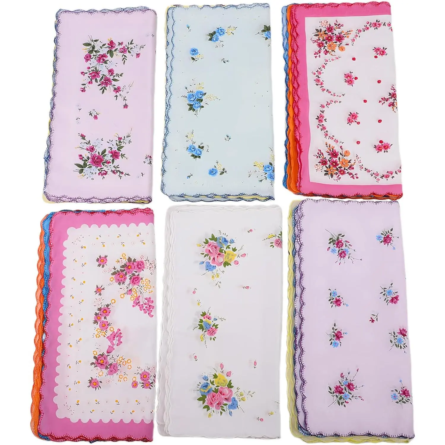 Women's Vintage Floral Handkerchiefs, 12-Pack Soft Cotton Fabric Hankies, 12-Inch, Ideal for Wedding Favors and Tea Parties, Floral Prints, Colorful Blooms, Tea Party Fit