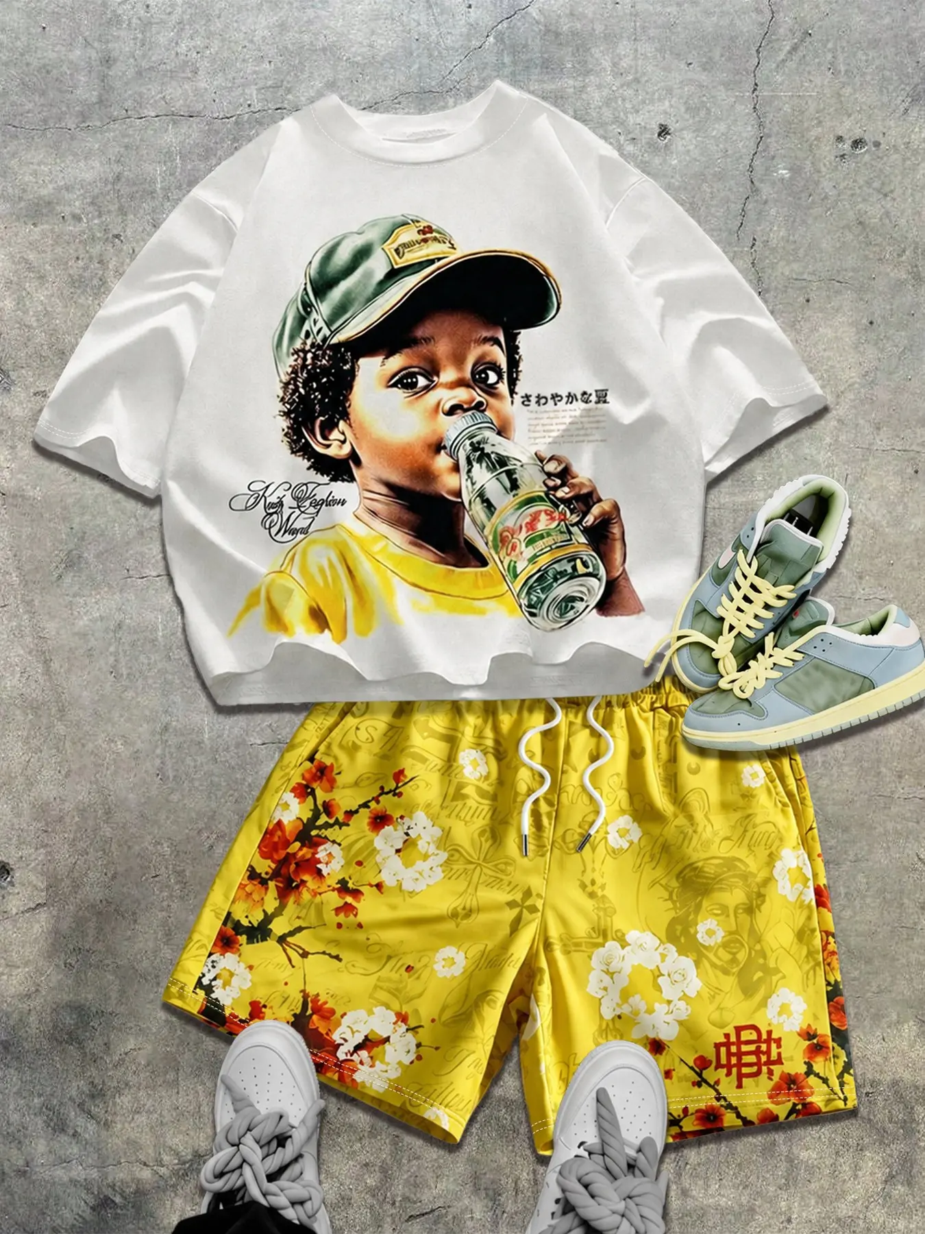 Y2K Retro Boy Print T-Shirt and Yellow Floral Shorts Set Lightweight Breathable Summer 2 Piece Outfits for Men Trendy Hip Hop Loose Fit Casual Wear