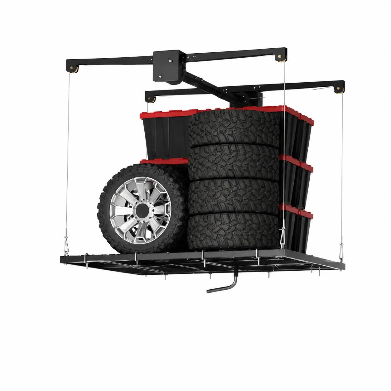 Garvee Heavy Duty Steel Overhead Garage Storage Rack - 4x4 ft Adjustable Ceiling Mount, Smooth Crank Lift System, 350 lbs Capacity, Safety Lock, Hand Installation Space-Saving Metal Organizer