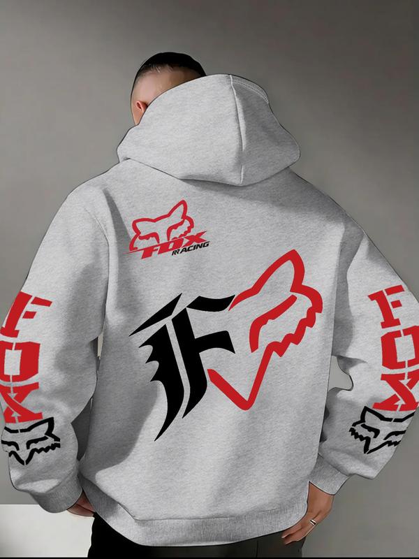1 Piece Men‘s Fox Racing Graphic Hoodie, Bold Red and White Logo Print, Streetwear Style for Casual Daily Wear and Outdoor