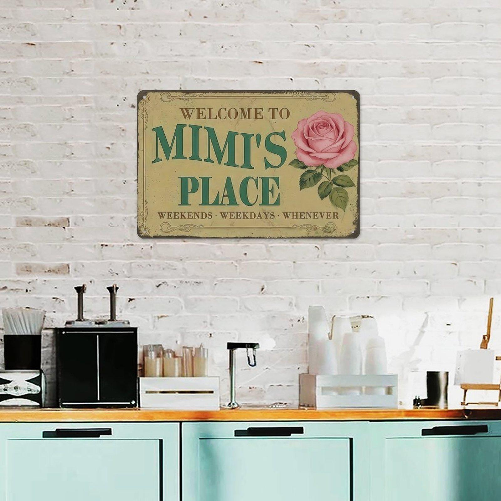 2D Flat, Metal Wall Art Sign Hanging Plaque - Mimi'S Place Rose Welcome Funny Wall Decor Retro Metal Sign Poster for Garage Man Cave Bathroom Bedroom Farm Inspirational Popular Wall Art 8x12 Inch Signs Posters