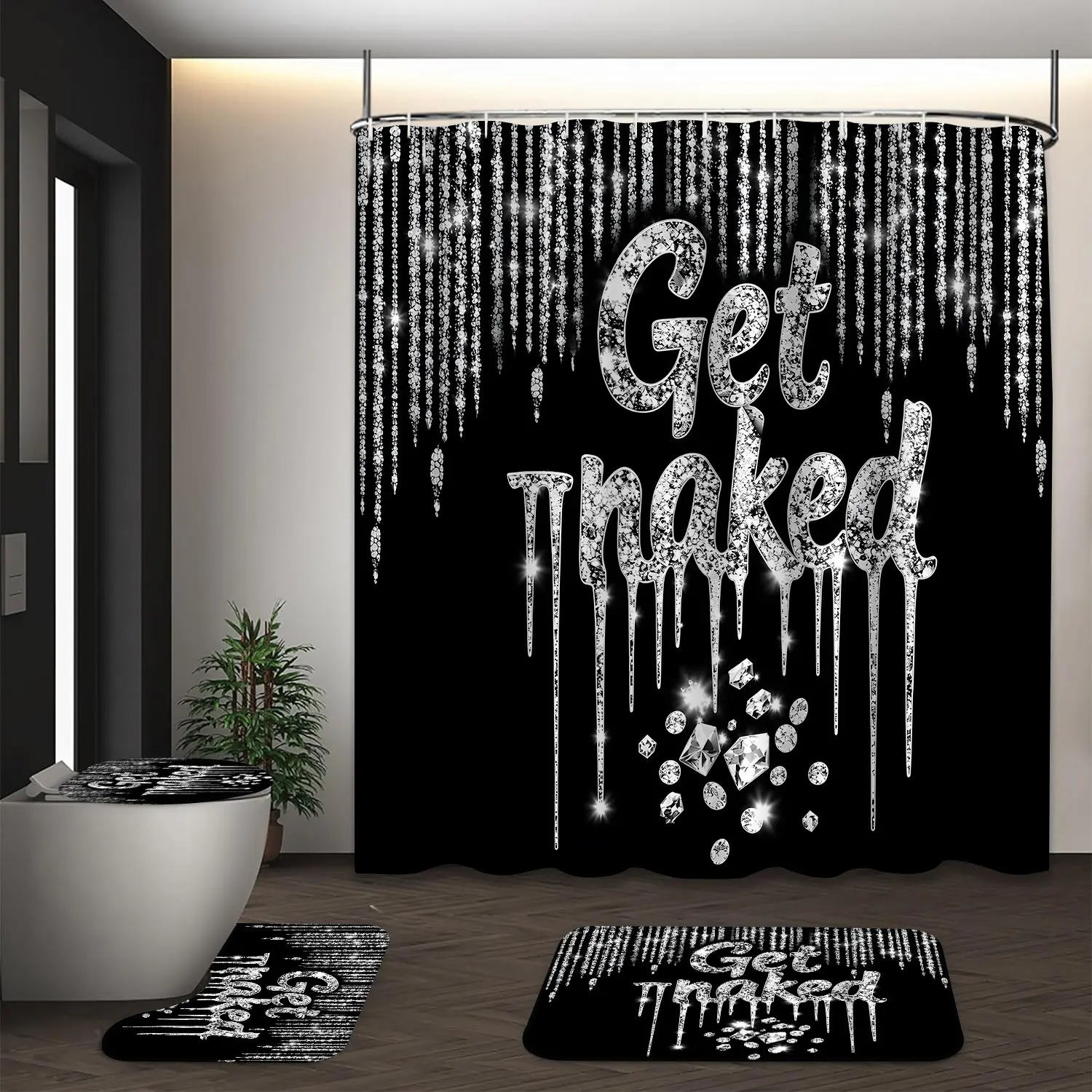 LVRLVR 4Pcs Get Naked Funny Slogan Glitter Diamond Print Black Silver Tone Shower Curtain Set 70.8×70.8 Inch