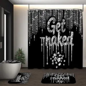 LVRLVR 4Pcs Get Naked Funny Slogan Glitter Diamond Print Black Silver Tone Shower Curtain Set 70.8×70.8 Inch