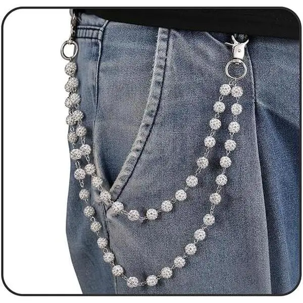 Hop Wallet Chain for Men Jeans Pocket Belt Layered Chain Disco Rhinestone Beads Baseball Drip Punk  Gifts Goth Accessories for Men