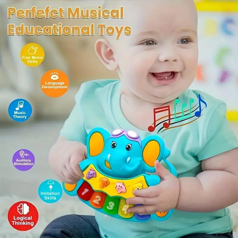 Interactive elephant musical toy, an educational piano with lights and sound effects for toddlers, safe touch play, helps children learn colors, the alphabet, and develop sensory skills.A Christmas and birthday gift (random colors, batteries not included