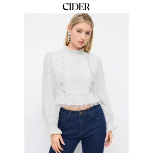 Cider Cotton-blend Round Neckline Lace Panel Floral Lantern Sleeve Blouse Dealsforyou