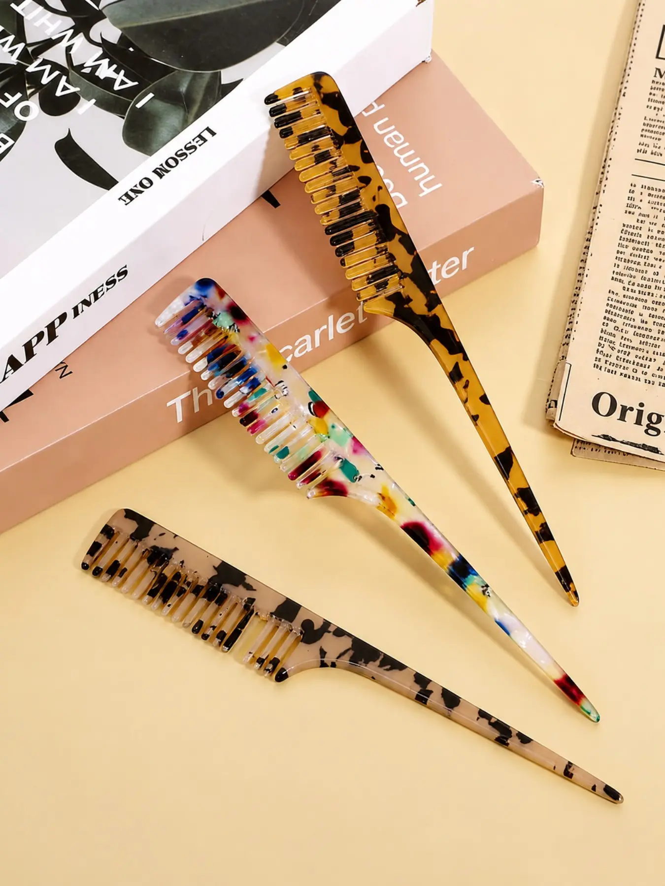 3pcs Women's Tail Comb Set, Fine-Tooth Sectioning Combs, Marble & Leopard Print Acetate, Anti-Static Detangling Hair Styling Tools Combs for Hair Stylist Comb Design