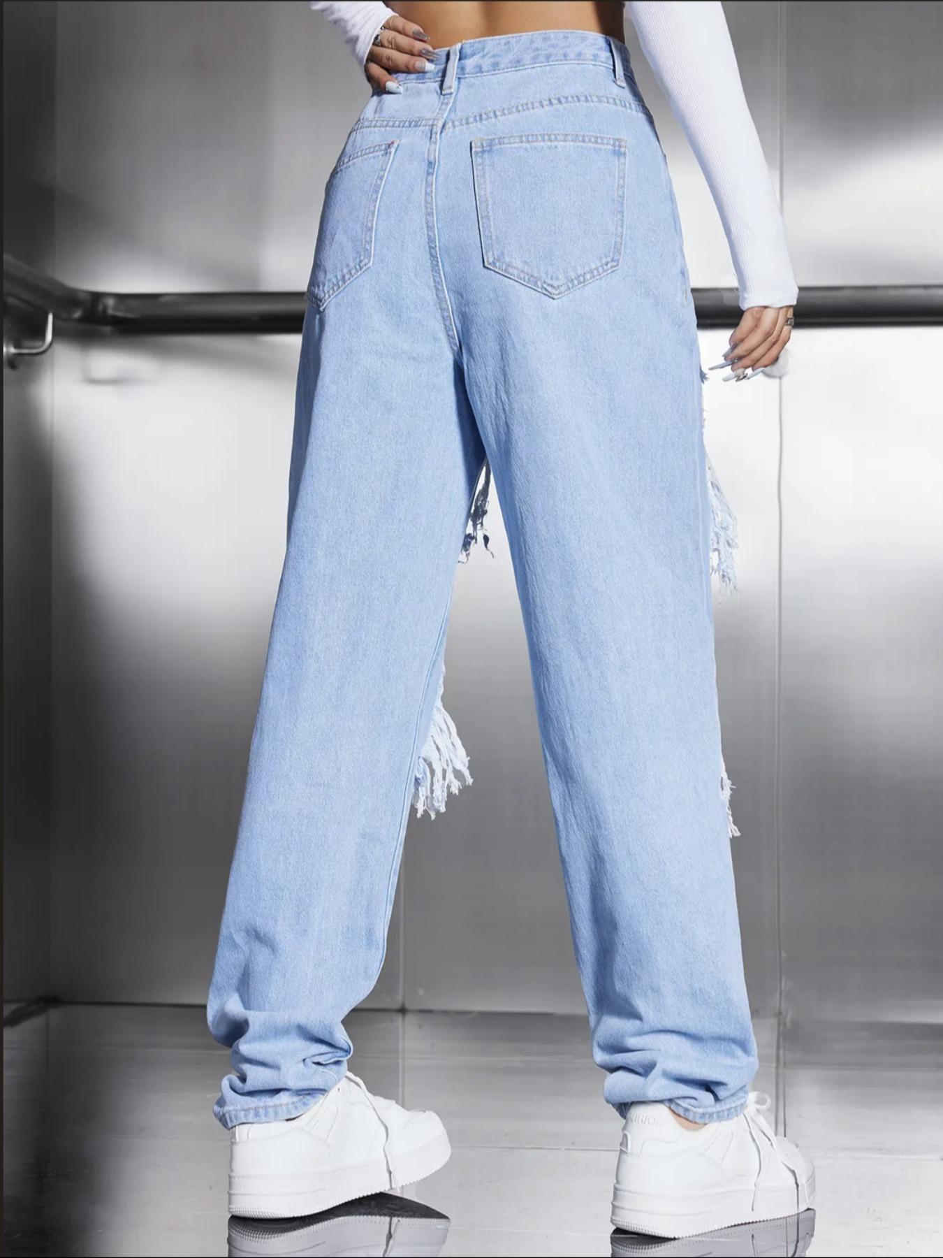 Women's High Waist Ripped Jeans, Fashion Casual Style Distressed Straight Leg Denim Pants, Destroyed Hole Jeans, Lady Bottoms for Daily Wear Streetwear